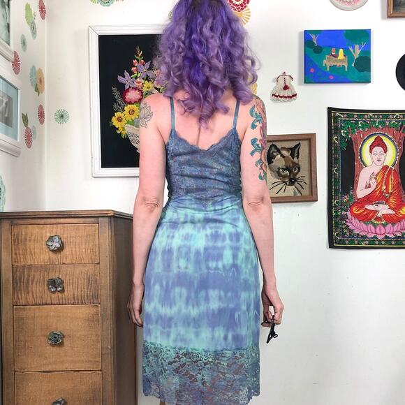 Vintage Hand Dyed Slip Dress, 1960s Vanity Fair Green & Blue Galaxy Mist Sz XS - Picture 3 of 10